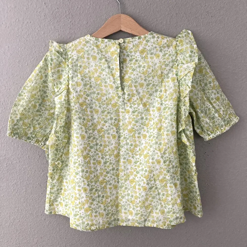 Crewcuts Floral Puff Sleeve Ruffle Top - Yellow - Medium 8/9